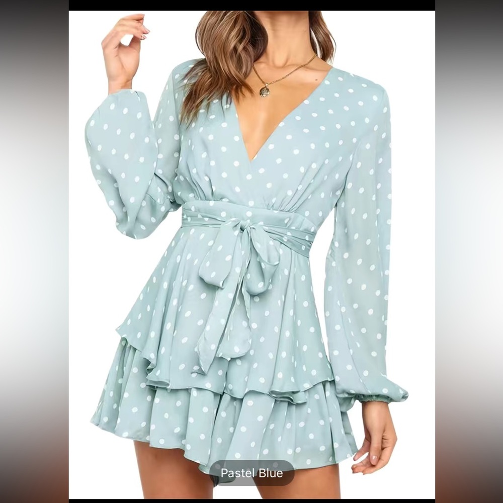 🆕 Polka-dot V-neck Jumpsuit, Long Sleeve Ruffle Hem Romper